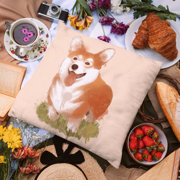 Lootgear Corgi Watercolor Kuschelkissen Throw Pillow Cushion Deco Cottage Japan Animal Corgis Dog Retro Japanese Style Manga Kawaii Cute