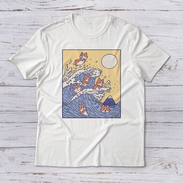 Lootgear Corgis Riding Wave Unisex T-Shirt Japan Welle Surfing Corgi Dog Hund Classic Retro Japanese Style Water Animal Tier Kawaii Cute süß