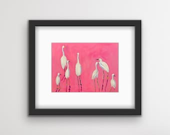 White Herons Colorful Print | Bird Art | Heron Print | Colorful Birds Print | Framed in Black | Chicago Artist | Wall Art