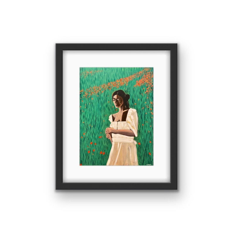 Female Portrait Print Framed Woman Portrait Print With Mat Woman in Green Field Figurative Print Colorful Portait Chicago Artist image 1