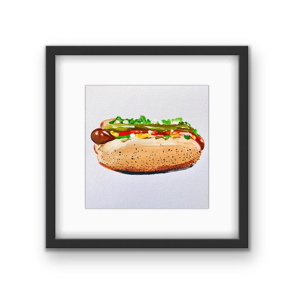 Impression encadrée de hot-dog de Chicago avec tapis | Souvenirs de Chicago | Impression d’art de hot-dog | Thème de Chicago | Art de cuisine | Art culinaire | Cadre noir | Cadeau