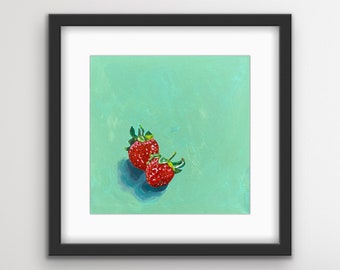 Red Strawberries Framed Print With Mat | Strawberry Framed Print | Strawberry Art | Fruit Art for Kitchen | Local Chicago Artist | Gift