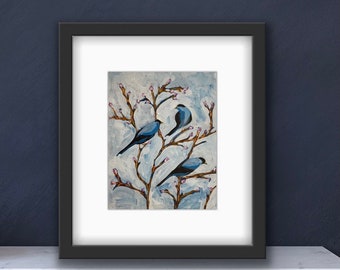 Blue Birds Colorful Print | Bird Art | Spring Art Print | Colorful Birds Print | Framed in Black | Chicago Artist | Wall Art