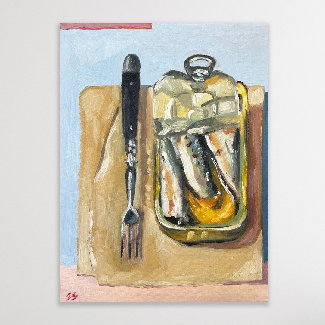 Canned Sardines and Fork Still Life Oil Painting Sardine Art Fish Art