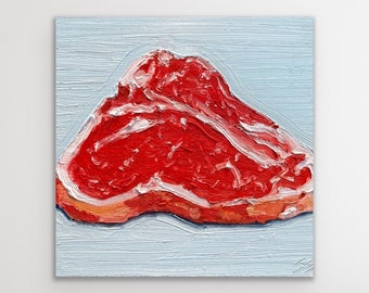 T-Bone Steak Original Oil Painting on Canvas Panel | Steak Art | Meat Art | Wall Hanging for Kitchen | Food Art | Filet of Steak