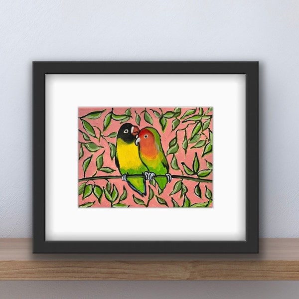 Bunte LoveBirds Druck mit Passepartout | Vogel Kunst | Lovebird Kunstdruck | Valentinstag Kunst Geschenk | Chicago Künstler | Geschenk für sie, für ihn