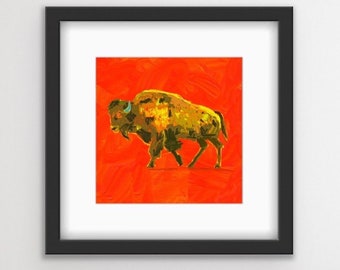 Amerikanischer Bison auf Rotem Druck mit Passepartout | Bison Kunst | Druck Büffel | Bunte Tierkunst | Schwarzer Rahmen | Lokaler Chicagoer Künstler | Geschenk