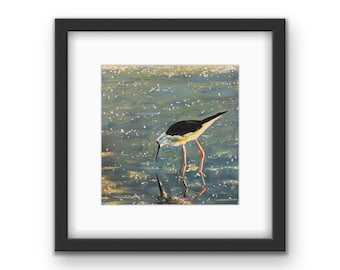 Impression encadrée colorée de paysage marin de bécasseau | Oiseau sur eau réfléchissante avec tapis | Impression de plage en bord de mer | Art océanique | Artiste local de Chicago | Cadeau