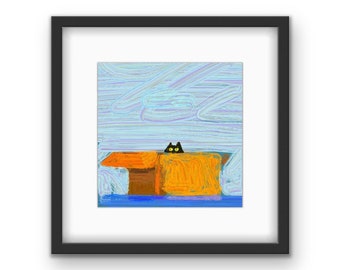 Chat dans une boîte Impression encadrée | Art de chat coloré | Impression de chat noir | Impression encadrée de chat mignon | Artiste local de Chicago | Cadeau