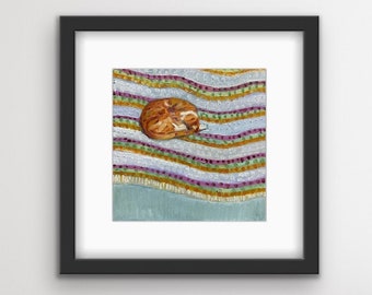 Katze auf buntem Webteppich Print | Bunte Katzen Kunst | Orange Katzen-Druck | Süße Katze gerahmter Druck | Lokaler Chicagoer Künstler | Geschenk