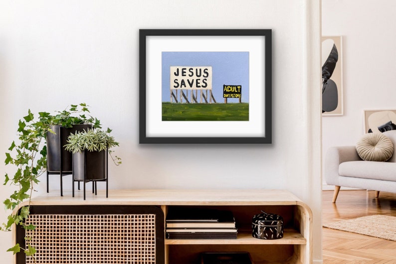 Jesus Saves Sign Framed Print with Mat Highway Billboard Art American Road-trip Souvenir Local Chicago Artist Gift image 3