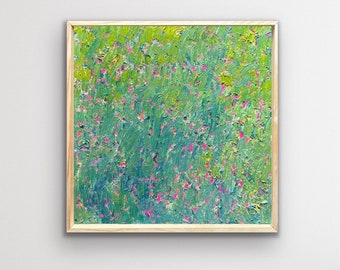 Textured Framed Original Oil Painting on Canvas | Colorful Modern Impasto Abstract | Green & Hot Pink Floral | Local Chicago Artist