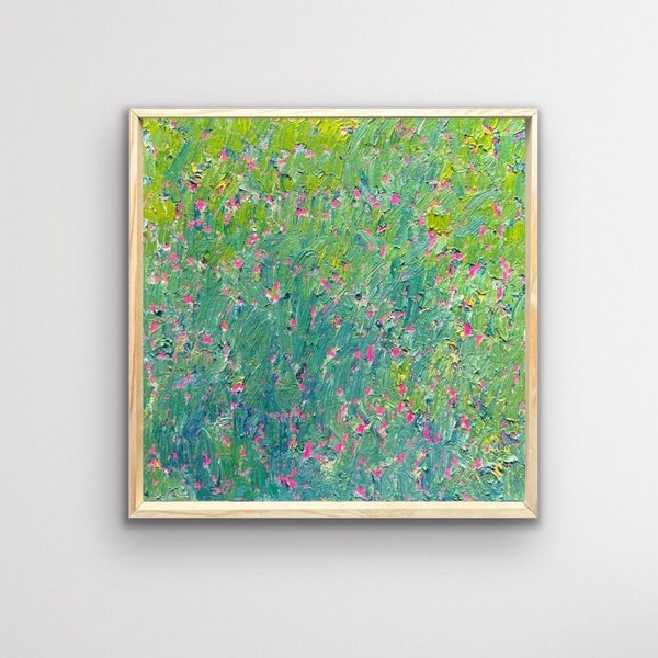 Peinture à l'huile originale sur toile encadrée texturée | Abstrait moderne coloré d'empâtements | Floral vert et rose vif | Artiste local de Chicago