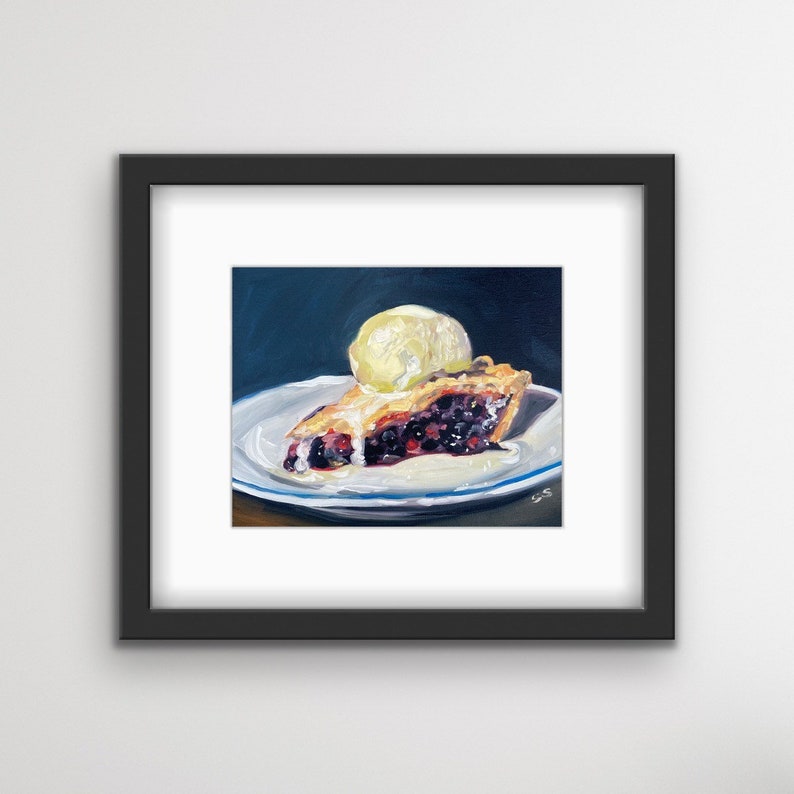 Framed Blueberry Pie Print With Mat Pie Art Dessert Kitchen Print Food Themed Art Kitchen Art Food Art Black Frame Gift image 1
