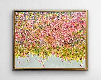 Highly Textured Original Impressionist Oil Painting on Canvas | Framed in Gold | Green Impasto Abstract | Wildflower Meadow | Poppies Art