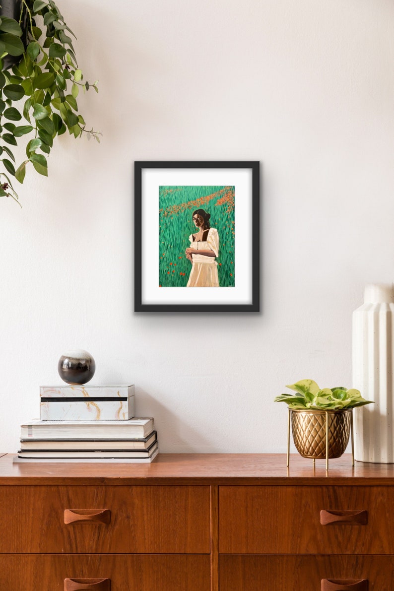 Female Portrait Print Framed Woman Portrait Print With Mat Woman in Green Field Figurative Print Colorful Portait Chicago Artist image 2