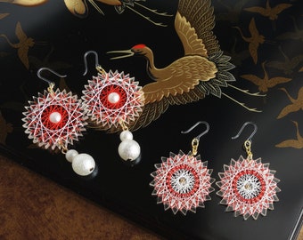 White and Red Japanese Celebration Earrings / cotton pearl / golden beads / silk thread / free shipping
