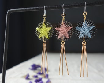 Shooting star earrings / yellow / dusty pink / light blue / silk thread / gold line earrings / free shipping
