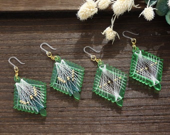 Green color rhombus earrings / forest and trees / gold beads / green and white / silk thread / free shipping