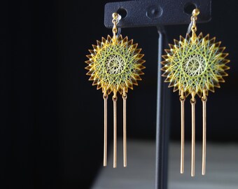 fireworks earrings / orange / gold / summer / circle / silk thread / free shipping