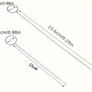 May include: Two silver metal tools with circular loops at the end of each handle. The longer tool measures 23.6 inches and the shorter tool measures 15 inches. Both tools have a diameter of 0.98 inches.