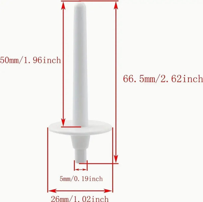 May include: White plastic sewing machine bobbin winder with a 2.62 inch tall post and a 1.96 inch diameter base. The base has a 0.19 inch diameter hole in the center.