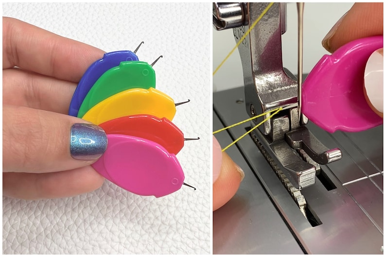 May include: A set of colorful sewing threaders in pink, red, yellow, green, and blue. The threaders are being held in a hand. The image also shows a sewing machine needle with yellow thread being threaded with a pink threader.