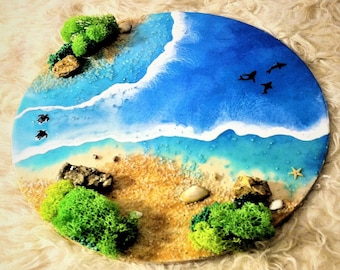 19.7 in. Round Handmade Ocean Resin Painting,Resin Beach Art,Coastal Art,Shell Beach,Wave Washing,Resin Wave,Resin Sea, Housewarming Gift