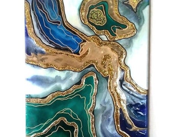 Green Resin Geode Artwork: 28x20'' Abstract Wall Art