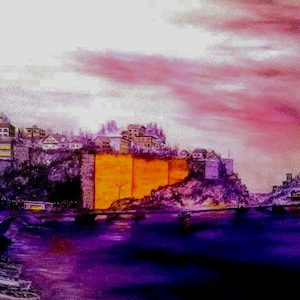 May include: An artistic depiction of a coastal town at dusk. The image shows buildings on a cliff, a harbour with boats, and a vibrant sky with pink and purple hues. The buildings are lit with warm yellow light.