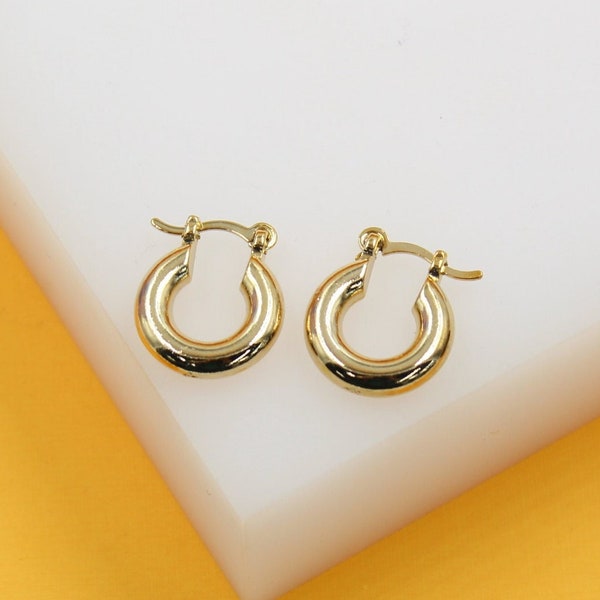 18K Gold Filled Thick Hoop Earrings | Gold Latch Back Hoop Earring | Gold Thick Latch Hoop | Gold Hoop Earrings Wholesale (J96)
