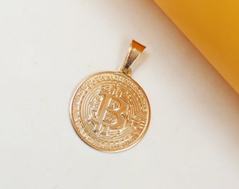 18K Gold Filled Bitcoin Pendant | Gold Crypto coin Medallion | Gold Coin Medallion Necklace | Gold Disc Pendant | Wholesale Jewelry (A262)