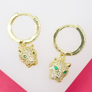 18K Gold Filled CZ Panther Head Dangle Huggies Earrings For Wholesale Jewelry Supplies & Earring Findings