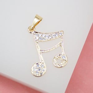 18K Gold Filled CZ Stone Double Bar Note Pendant, Music Note, Music Symbol, Jewelry Making Music Note Charm For Wholesale Jewelry Supplies