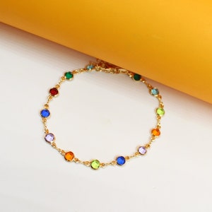 18k Gold Filled Charm Bracelet | MultiColor CZ Stone Charms Bracelet | Round Multicolor Zirconia Stone Bracelet | Wholesale (I69A)(F225A)