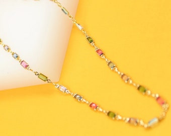 18k Gold Filled MultiColor Necklace | MultiColor CZ Stone Charms Necklace | Baguette Multicolor Zirconia Stone Necklace | Wholesale