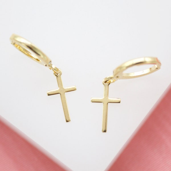 18K Gold Filled Tiny Simple Cross Huggie Earrings For Wholesale Jewelry Supplies & Earring Findings