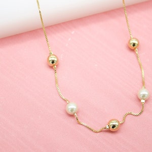 18K Gold Filled Pearl & Gold Bead Box Chain Necklace For Wholesale Jewelry Findings (F246)