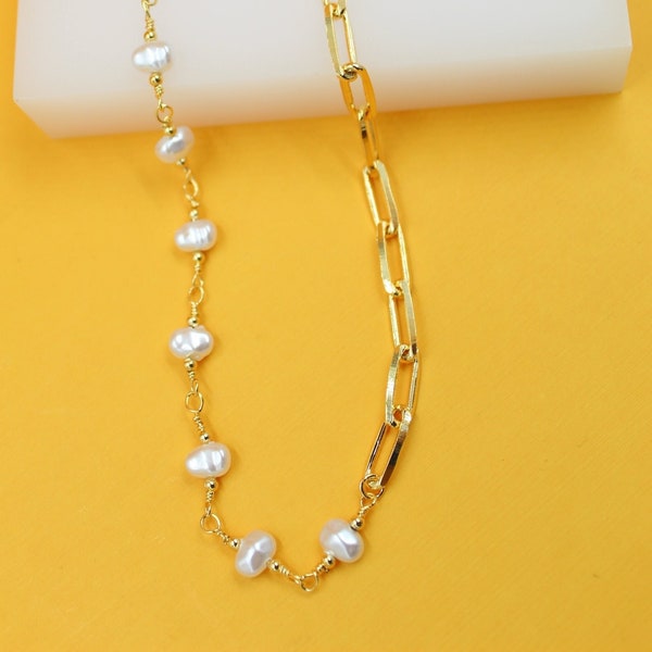 18K Gold Filled Pearl Paperclip Chain Necklace | Gold Paperclip Necklace | Gold Filled Paperclip Chain Necklace | Wholesale (H152)(I506)