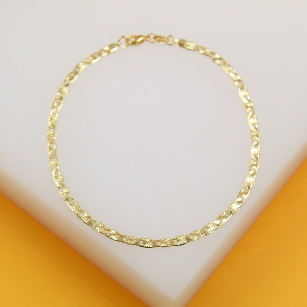 18K Gold Filled Flat Diamond Cut Mariner Anklet | Gold Mariner Link Anklet | Gold Flat Textured Mariner Chain | Wholesale Jewelry (F64)