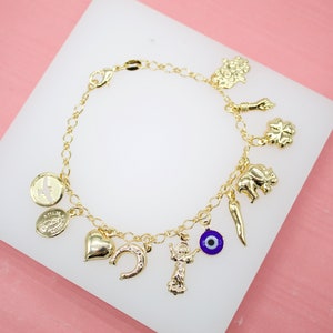 18K Gold Filled Link Charm Bracelet With Protection Charms, Hand of Hamsa, Four Leaf Clover, Evil Eye, Elephant Charms For Wholesale (I199)