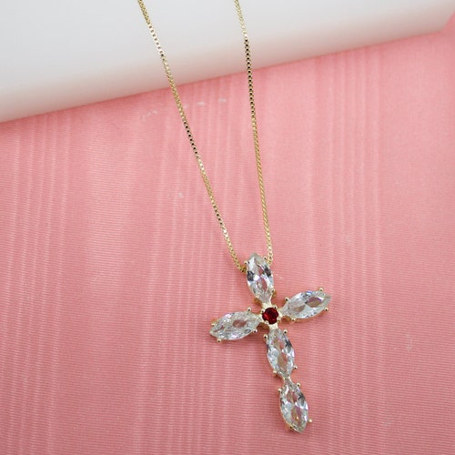 18K Gold Filled Slim Long Cross Crucifix Necklace With CZ Etsy