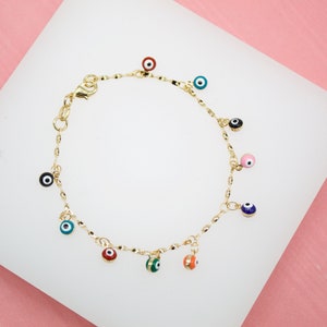 18K Gold Filled Multi-Color Dangle Colorful Evil Eye Charms Bracelet For Wholesale Dainty Bracelet Jewelry Making Supplies (I39)