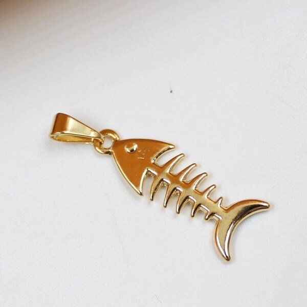 18K Gold Filled Unique Fish Bone Charm | Gold Fish Charm Pendant | Gold Filled Fish Bone Pendant | Wholesale Jewelry (A255)