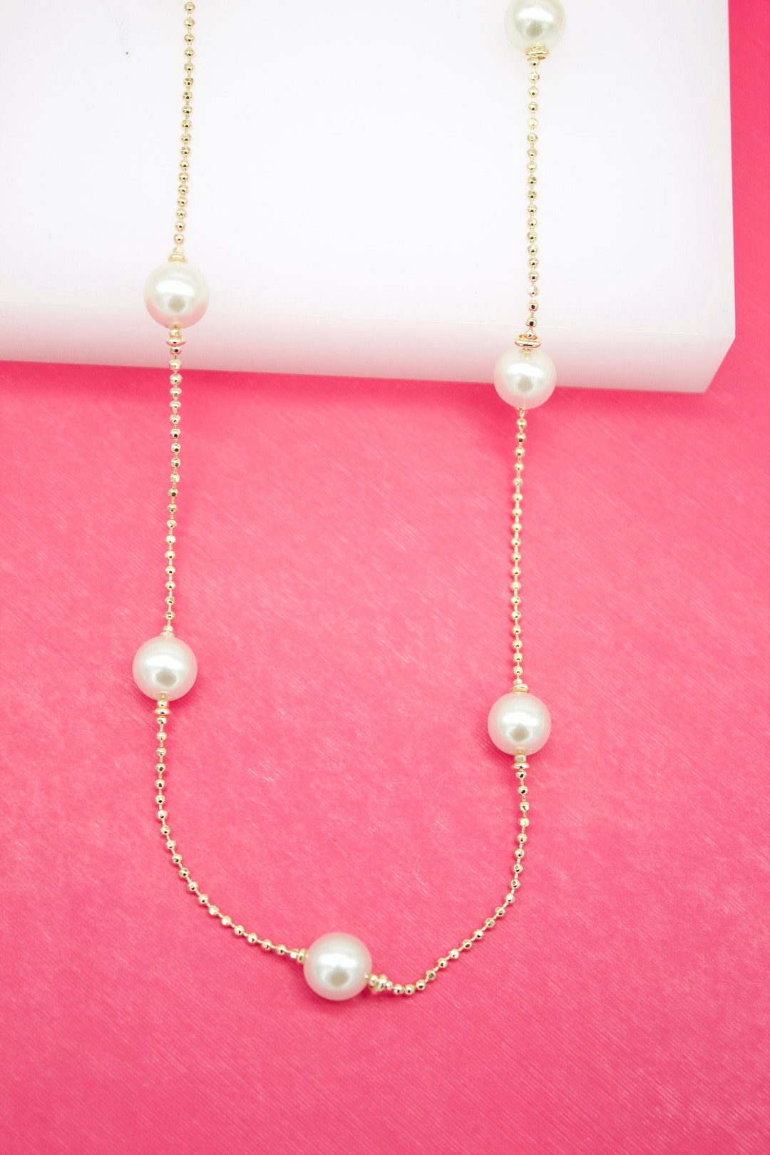 18K Gold Filled Ball Chain With 8mm Synthetic Pearls Necklace Etsy UK