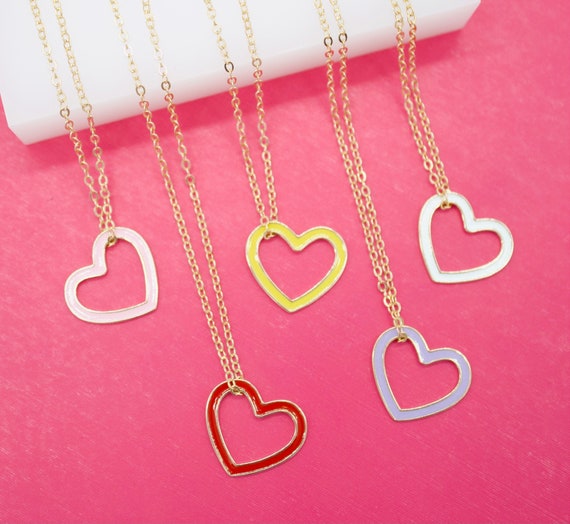 Gold-Filled Enamel Heart Charm Necklace Pink
