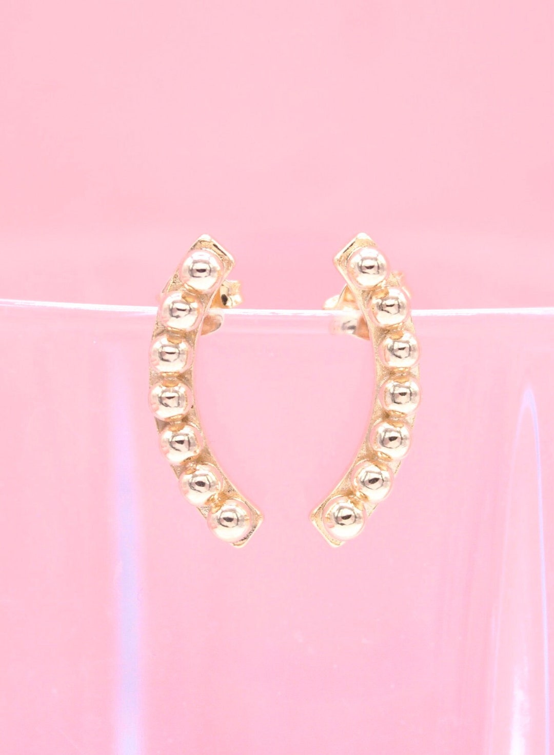 18K Gold Beaded Half Earrings Gold Curved Beaded Earrings Gold Beaded