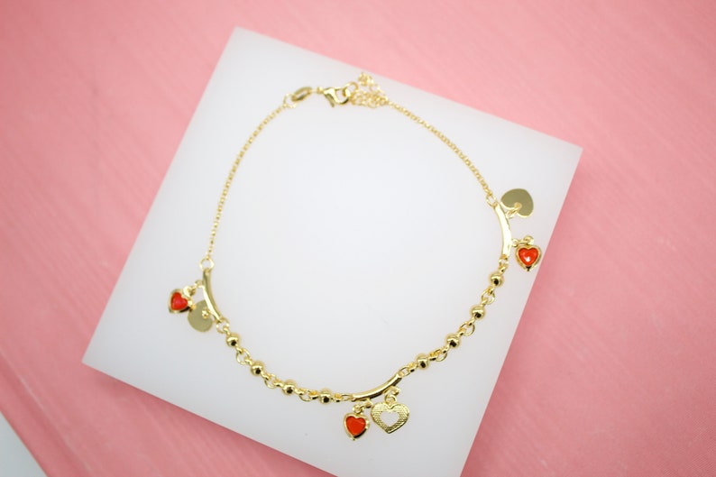 18K Gold Filled Heart Charm Beaded Bead Anklet With Red Heart Stones For Wholesale Dainty Ankle Bracelet Jewelry Making Supplies
