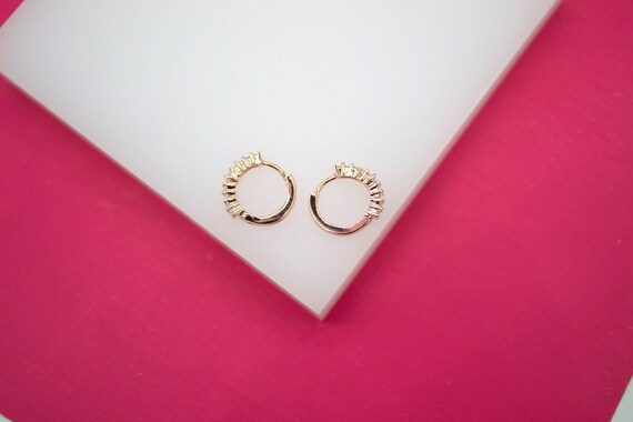 18K Rose Gold Filled Huggies Earrings With Clear Square CZ Stones