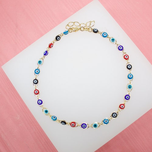 Seven Multicolor Evil Eye Anklet in 14K Gold main image 1